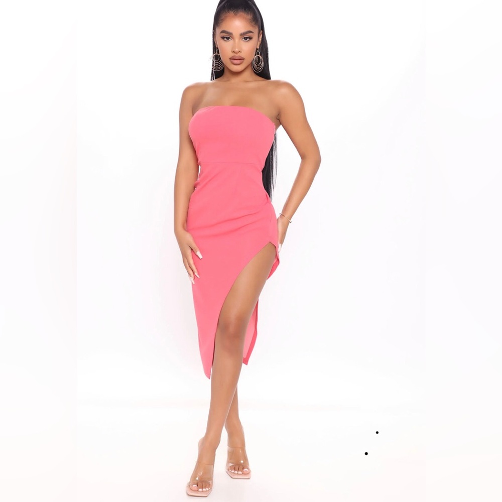 NWT Fashion Nova Joyce Strapless Dress High Slit in Coral Size Large